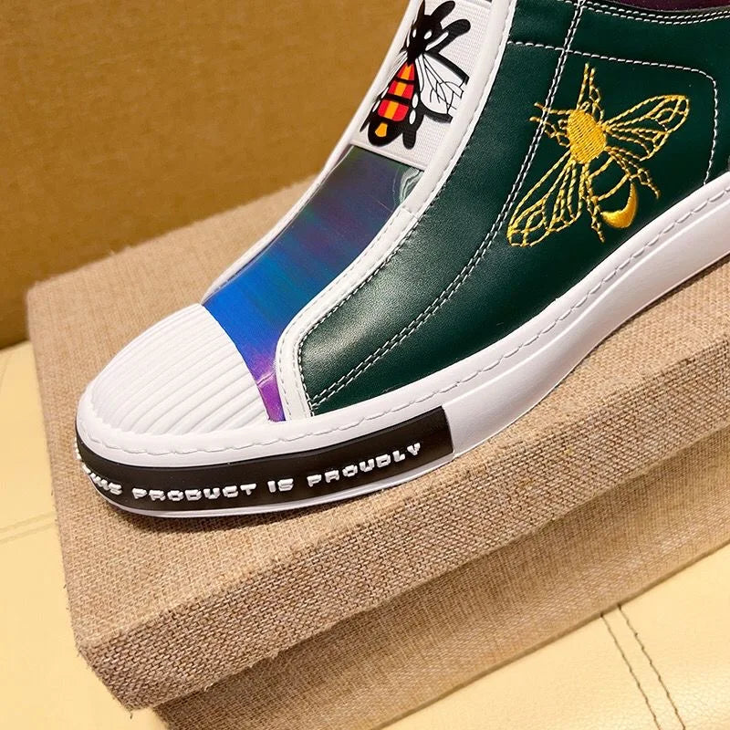 New High-top plush Men's Genuine leather embroidery Bees Sports shoes Luxury fashion Lace-up shoes sneaker Running shoes