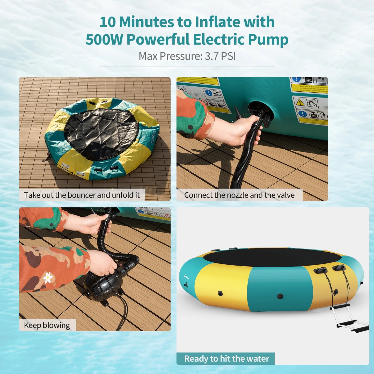 10FT Inflatable Water Bouncer Splash Padded Water Trampoline