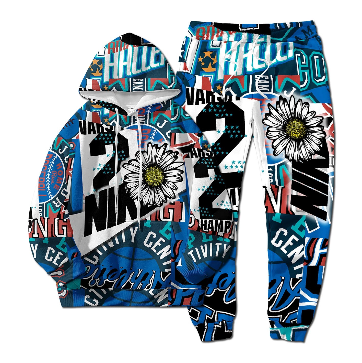 European Style New NK Letter Hip-hop 3D Digital Printing Fashion Casual Sports Youth Men and Women Hoodie Long Pants 2-Piece Set