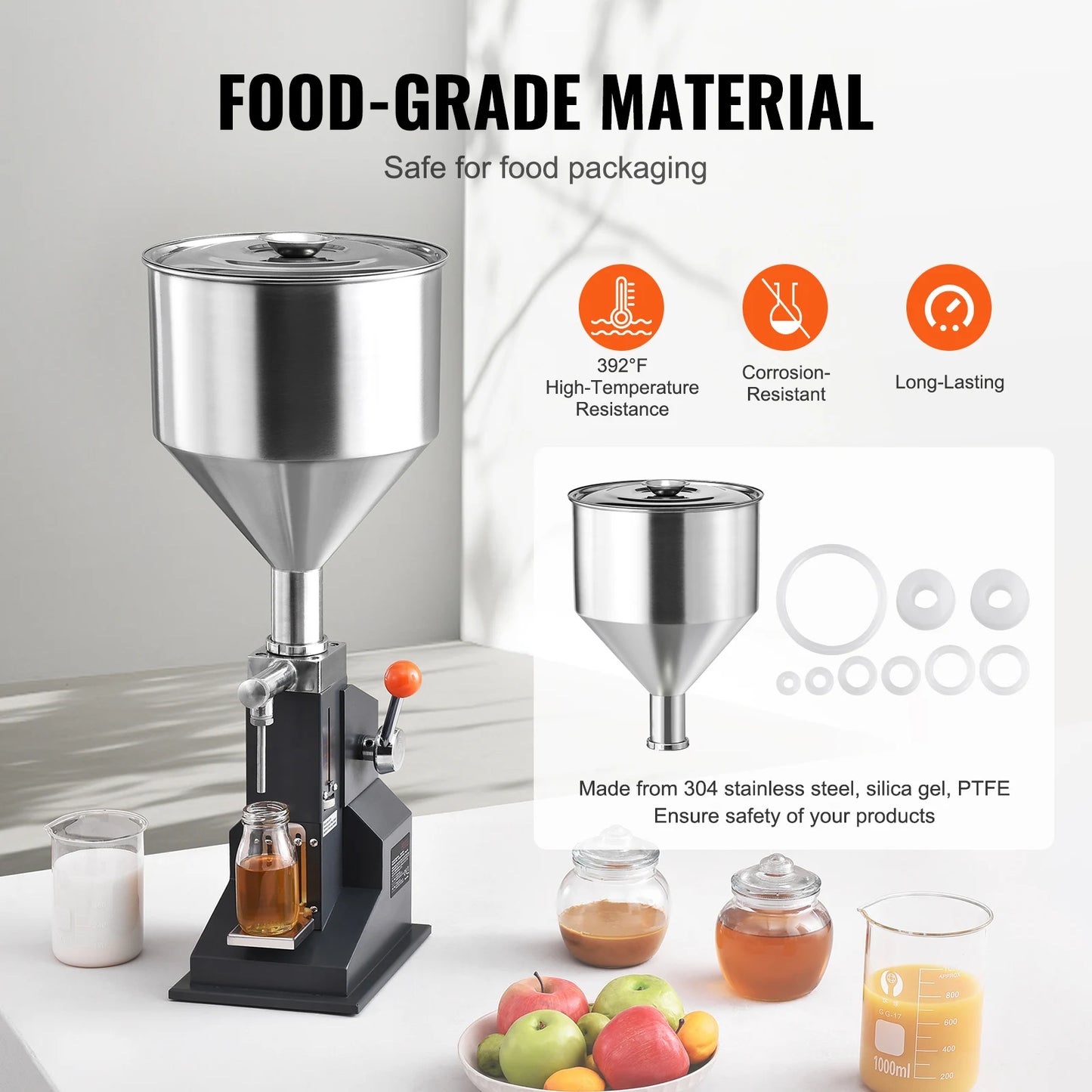 SucceBuy 5-100ml Manual Paste Liquid Filling Machine Stainless Steel Adjustable Bottle Filler with Hopper for Water Oil Honey
