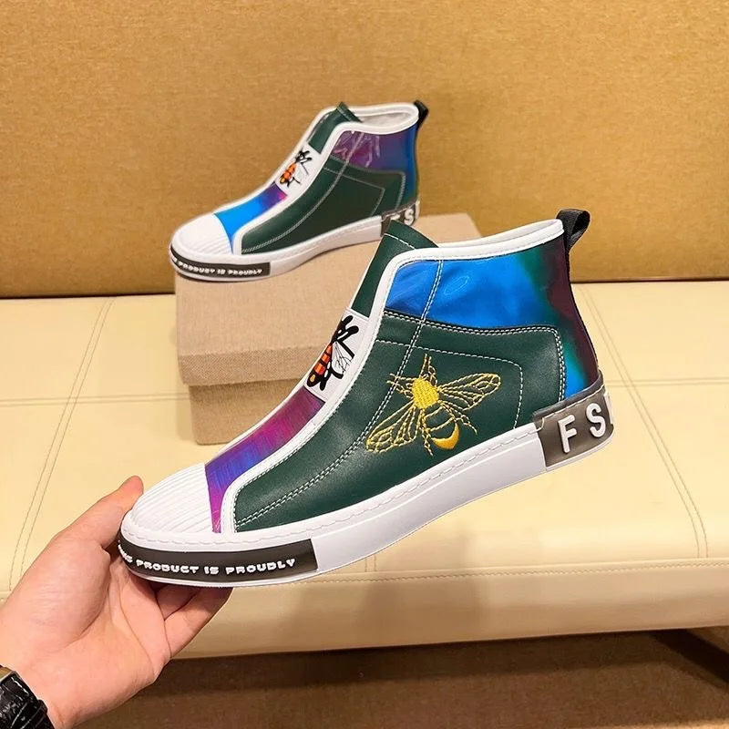New High-top plush Men's Genuine leather embroidery Bees Sports shoes Luxury fashion Lace-up shoes sneaker Running shoes