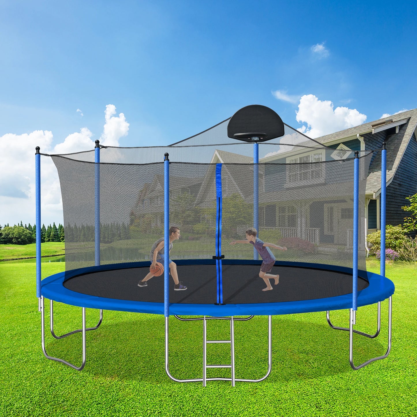 14FT Trampoline With Backboard Outdoor Pumpkin Trampoline With Enclosure Net And Ladder For Kids Teens Grown-ups Kindergarten