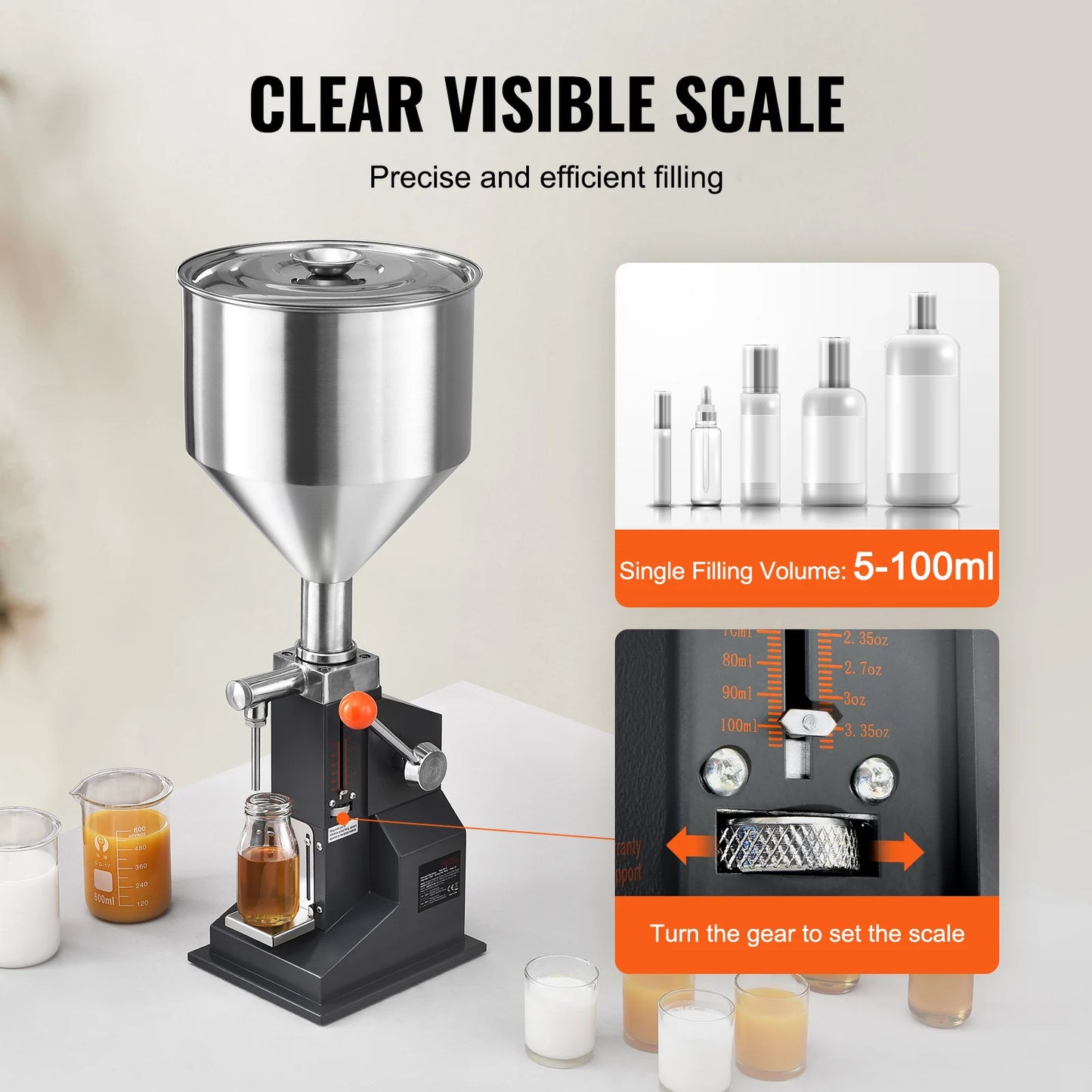 SucceBuy 5-100ml Manual Paste Liquid Filling Machine Stainless Steel Adjustable Bottle Filler with Hopper for Water Oil Honey