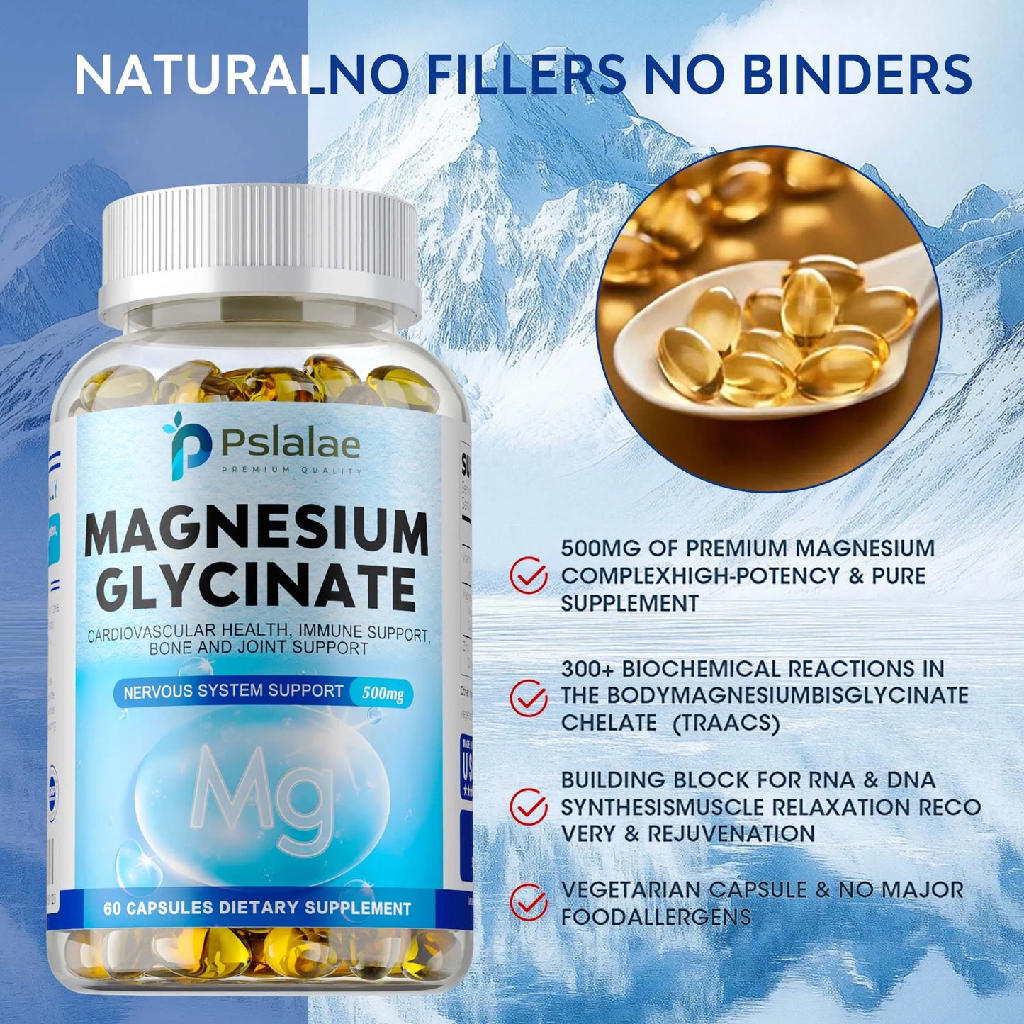 Magnesium Glycinate - Support Brain Nerve Health Support Cardiovascular Function,Protect Joints and Relax Muscle - 60 Capsules