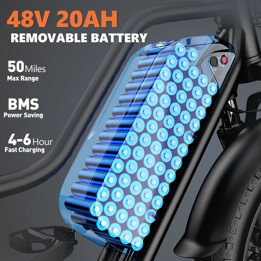 Electric Bike for Adults,20'' 1500W Peak Ebike, Up to 50 Miles 32MPH Electric Mountain Bike with 48V 20AH Removable Battery