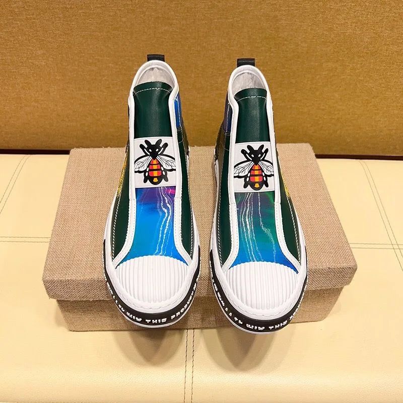 New High-top plush Men's Genuine leather embroidery Bees Sports shoes Luxury fashion Lace-up shoes sneaker Running shoes