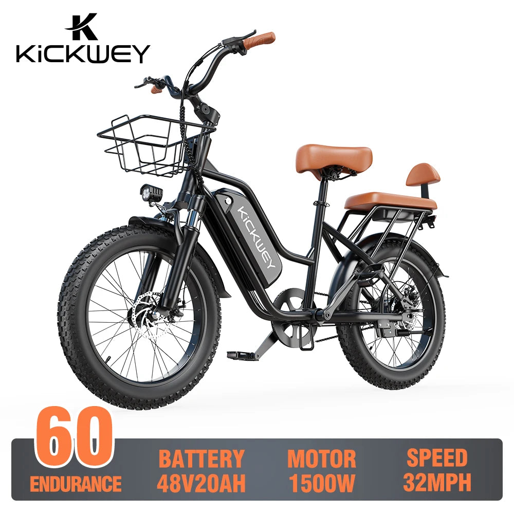 Electric Bike for Adults,20'' 1500W Peak Ebike, Up to 50 Miles 32MPH Electric Mountain Bike with 48V 20AH Removable Battery