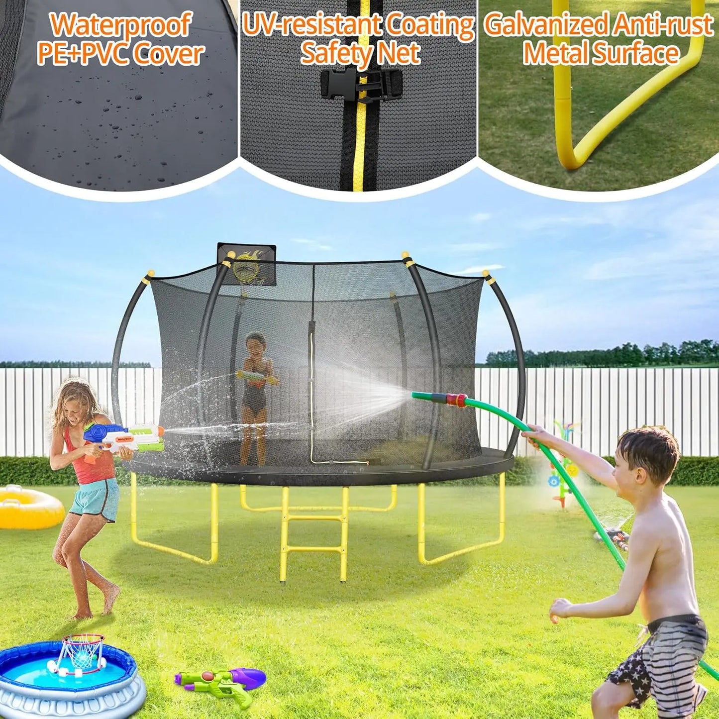 12FT Pumpkin Trampoline, Trampoline Outdoor with Basketball Hoop, Enclosure Net and Ladder, Recreational Trampoline
