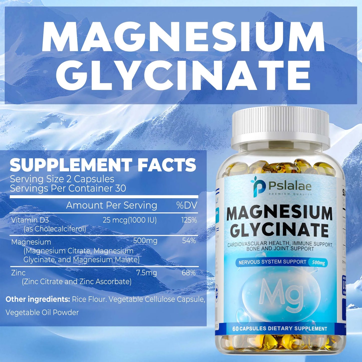 Magnesium Glycinate - Support Brain Nerve Health Support Cardiovascular Function,Protect Joints and Relax Muscle - 60 Capsules