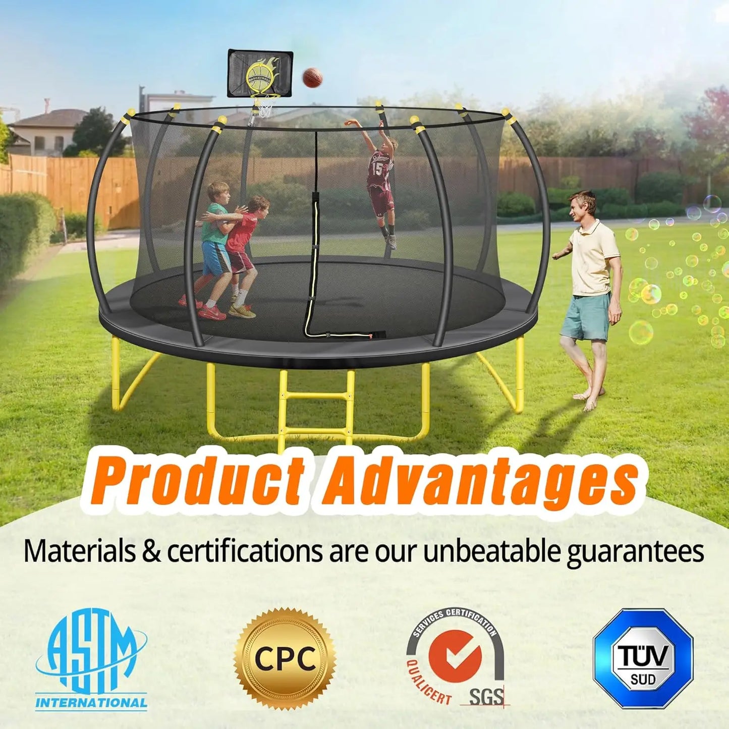 12FT Pumpkin Trampoline, Trampoline Outdoor with Basketball Hoop, Enclosure Net and Ladder, Recreational Trampoline