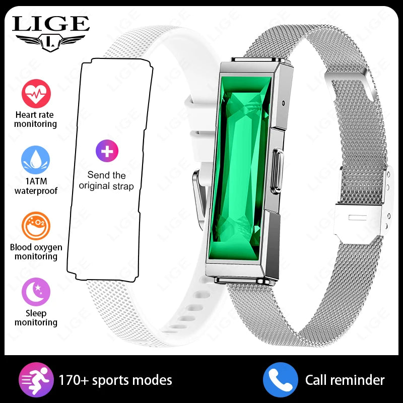 LIGE Luxury Crystal Smart Bracelet Men Women Waterproof Fitness Activity Tracker Heart Rate Sleep Monitor Pedometer Smart Watch