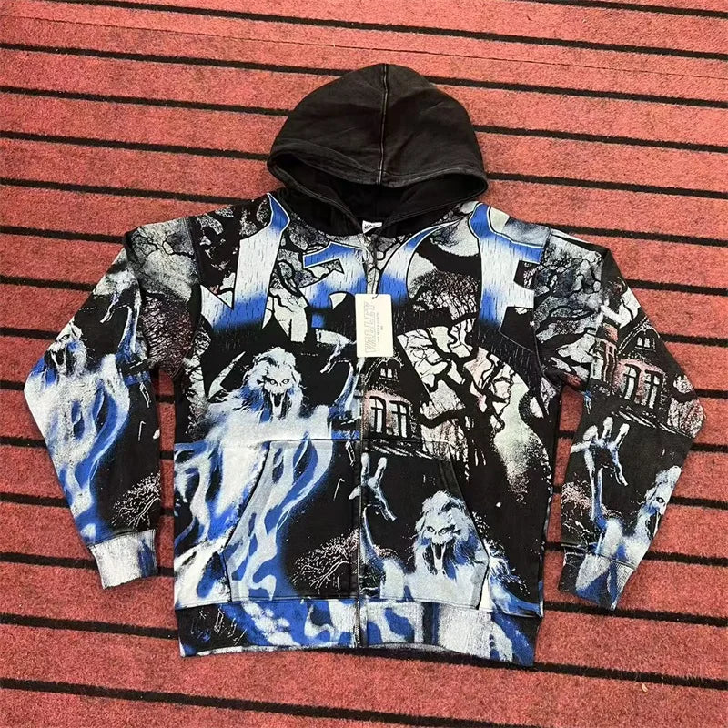 Washed Green VALLEY Sweatshirts Men Women Retro Cartoon Print Vale Hoodies Zip Up Cardigan Jackets