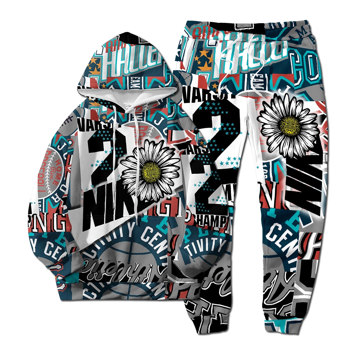 European Style New NK Letter Hip-hop 3D Digital Printing Fashion Casual Sports Youth Men and Women Hoodie Long Pants 2-Piece Set