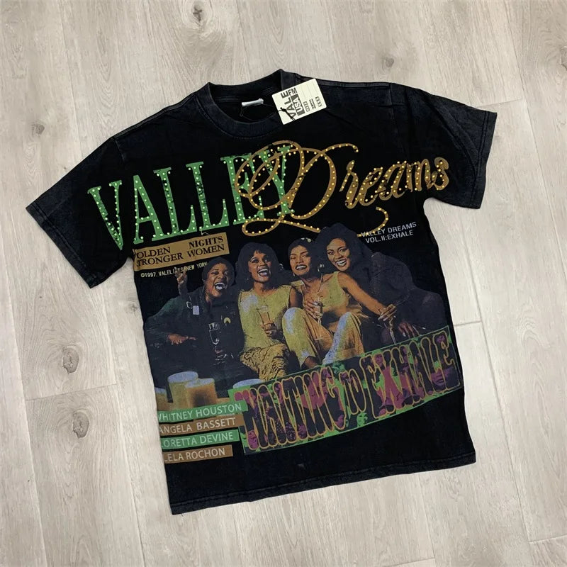Vintage VALLEY Hot Drill Letter Short Sleeve Pure Cotton Vale Mens T-Shirts