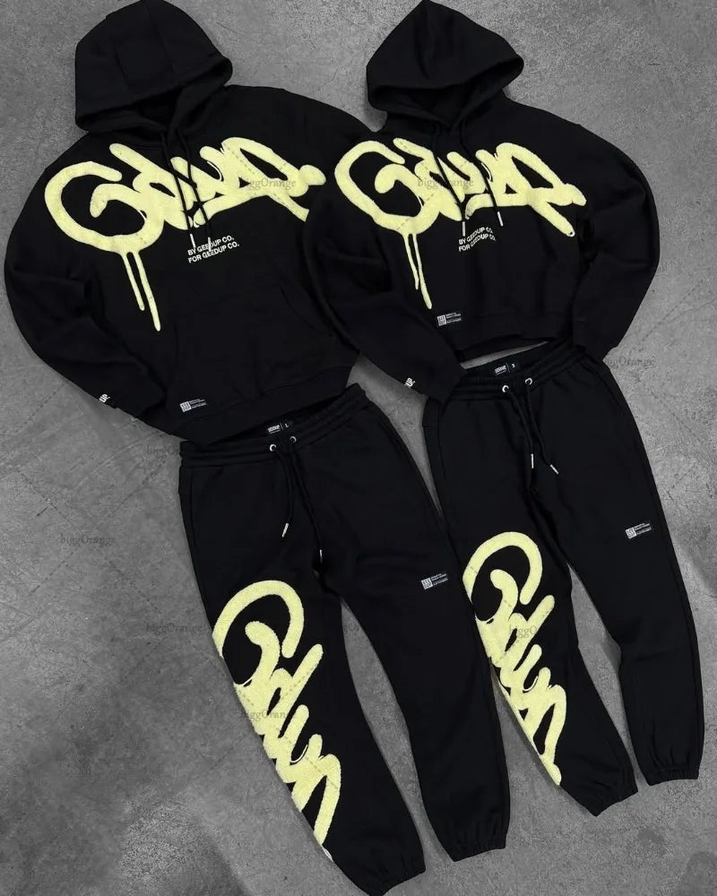 Black Purple Men Clothing Sports Set American New Letter Oversized Hoodies Street Hip Hop Retro Loose Sport Pants