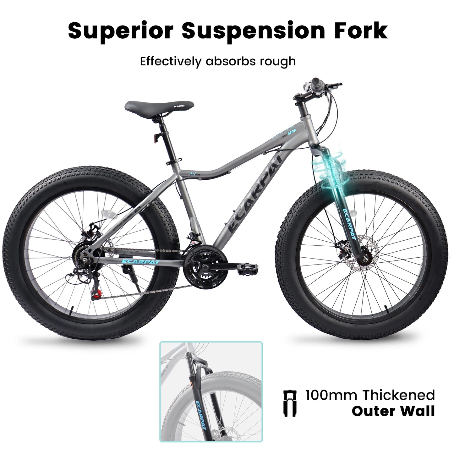 Ecarpat 26 Inch Mountain Bike with 4 Inch Wide Fat Tires and 21 Speed for Men and Women Steel Frame Disc Brake