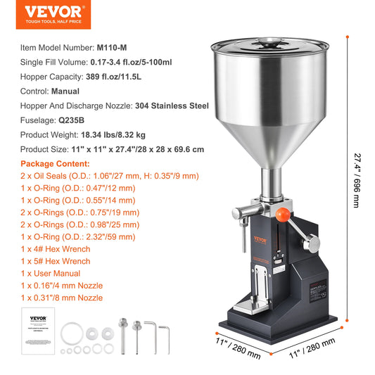 SucceBuy 5-100ml Manual Paste Liquid Filling Machine Stainless Steel Adjustable Bottle Filler with Hopper for Water Oil Honey