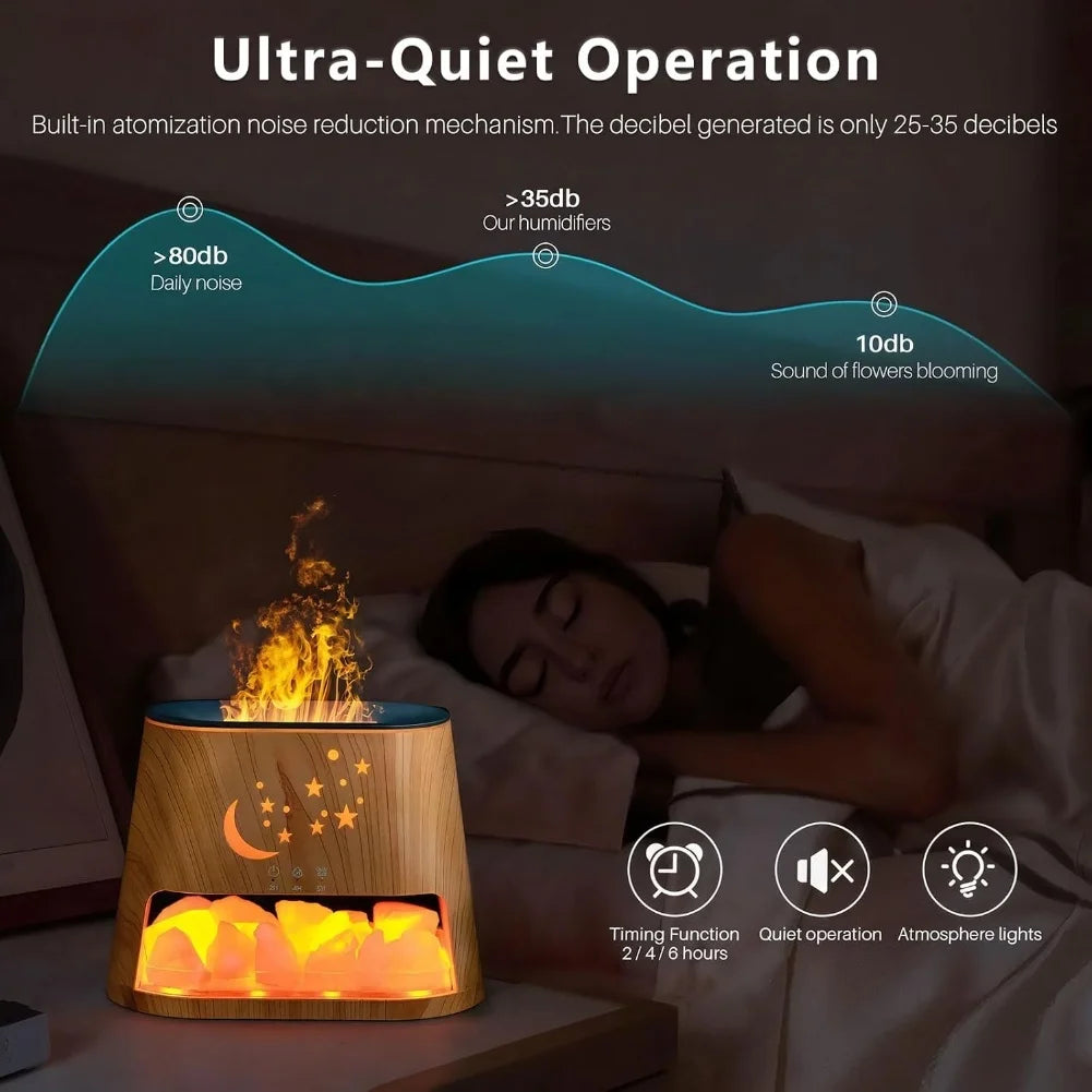 Salt Stone Lamp Humidifier with Flame Effect and Timer Combining Air Purification and Aromatherapy in a Quiet Device