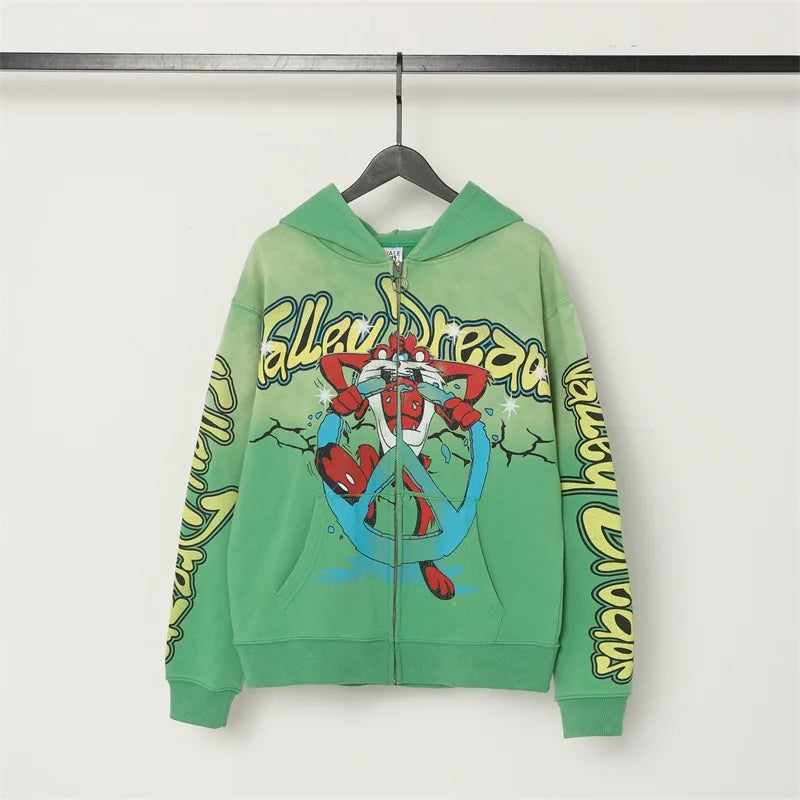 Washed Green VALLEY Sweatshirts Men Women Retro Cartoon Print Vale Hoodies Zip Up Cardigan Jackets