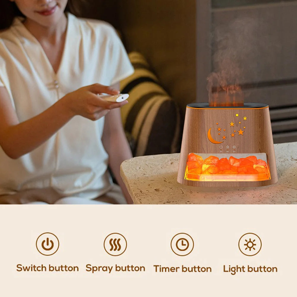 Salt Stone Lamp Humidifier with Flame Effect and Timer Combining Air Purification and Aromatherapy in a Quiet Device
