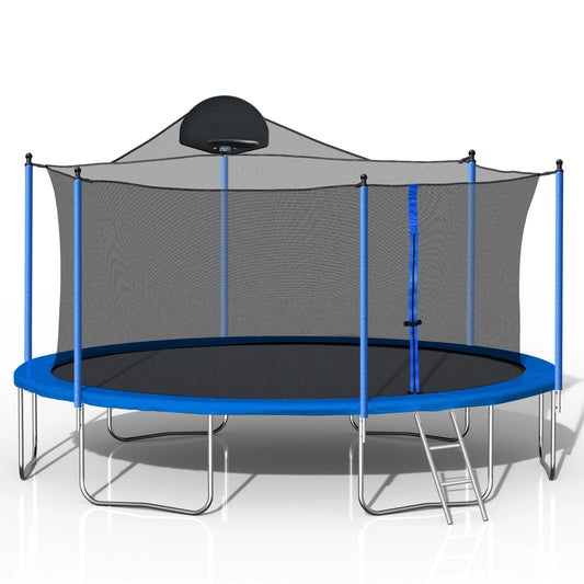 14FT Trampoline With Backboard Outdoor Pumpkin Trampoline With Enclosure Net And Ladder For Kids Teens Grown-ups Kindergarten