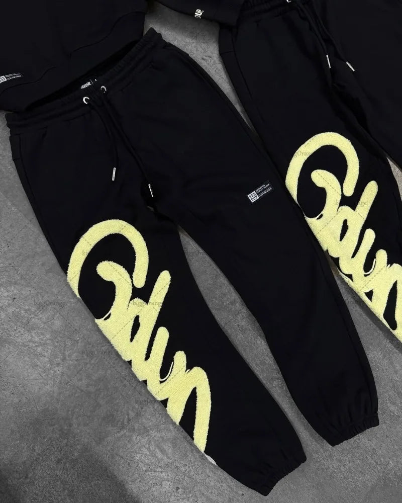 Black Purple Men Clothing Sports Set American New Letter Oversized Hoodies Street Hip Hop Retro Loose Sport Pants