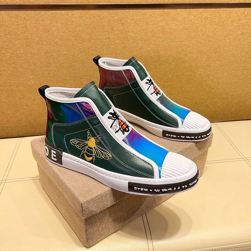 New High-top plush Men's Genuine leather embroidery Bees Sports shoes Luxury fashion Lace-up shoes sneaker Running shoes