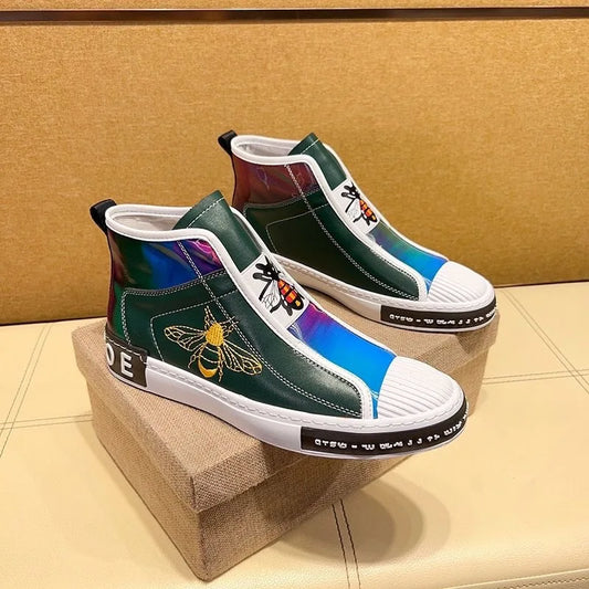 New High-top plush Men's Genuine leather embroidery Bees Sports shoes Luxury fashion Lace-up shoes sneaker Running shoes