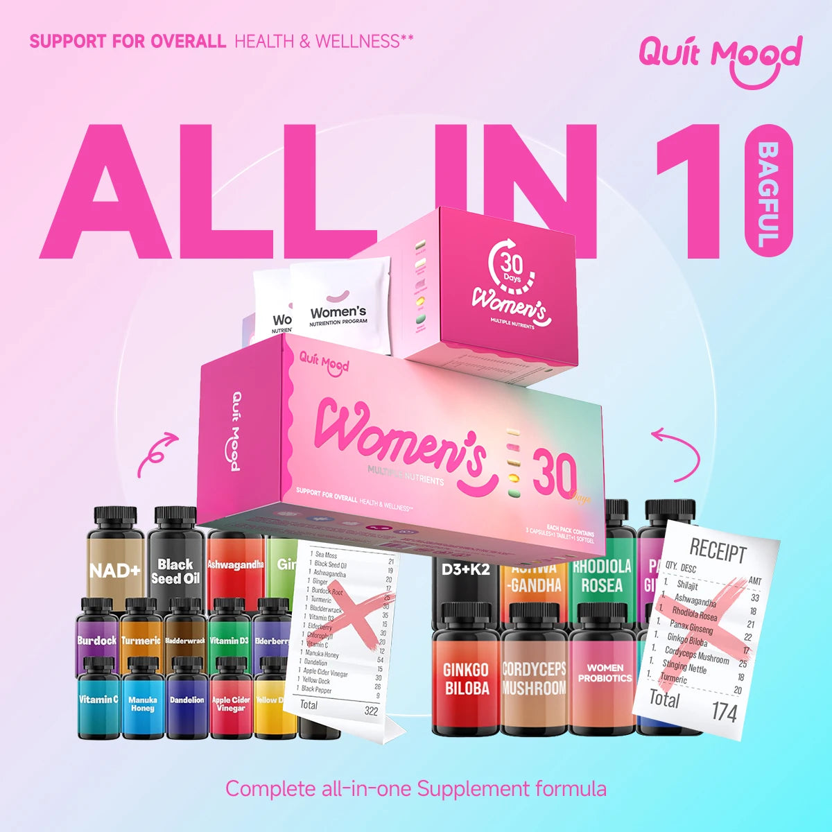 Quit mood-Women's 5-in-1 Daily Supplement | Multivitamin, Stress+Bone+Skin Support, Anti-aging | D3K2,NAD+ & Probiotics (30 Day)