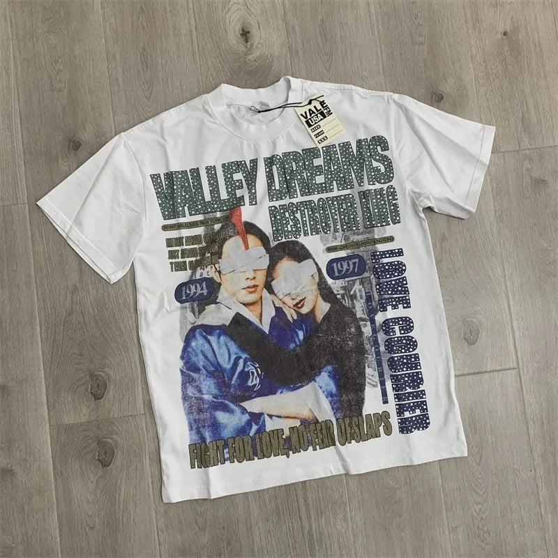 25SS Summer New VALLEY T-Shirts American Washed Pure Cotton Vale Hot Drill Letter Short Sleeve