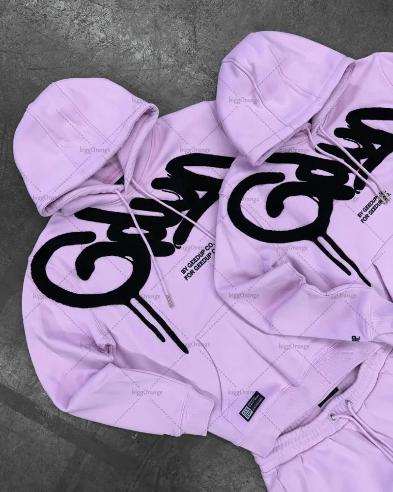 Black Purple Men Clothing Sports Set American New Letter Oversized Hoodies Street Hip Hop Retro Loose Sport Pants