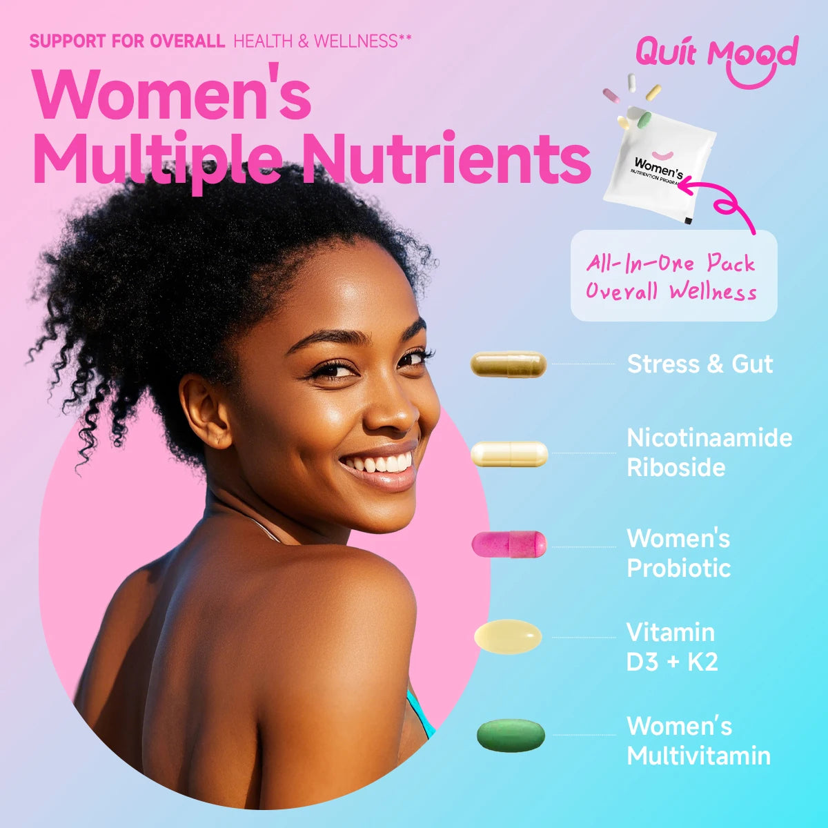 Quit mood-Women's 5-in-1 Daily Supplement | Multivitamin, Stress+Bone+Skin Support, Anti-aging | D3K2,NAD+ & Probiotics (30 Day)
