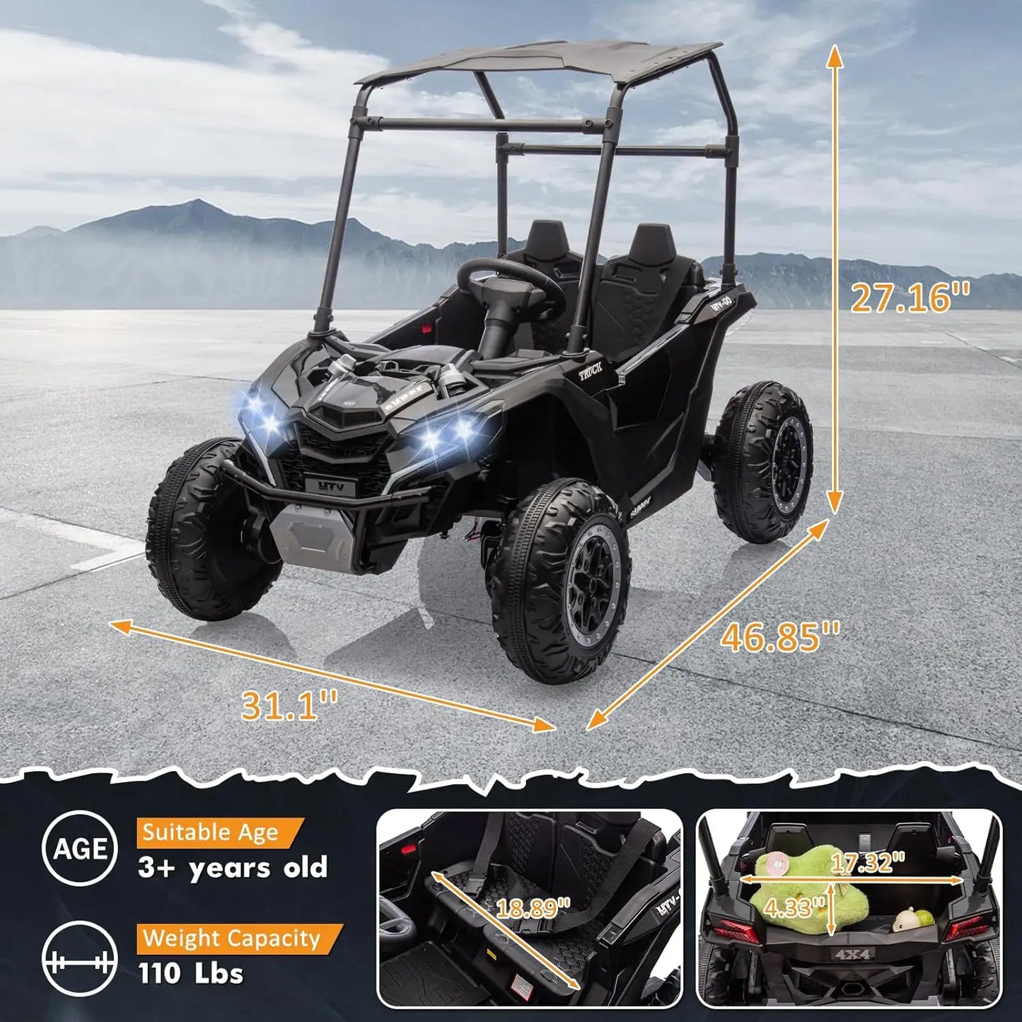 124V Ride on Cars for Kids,Kids Electric Vehicles UTV with Remote Control, Safety Belt, Horn,Music, and Lights, 3 Speeds