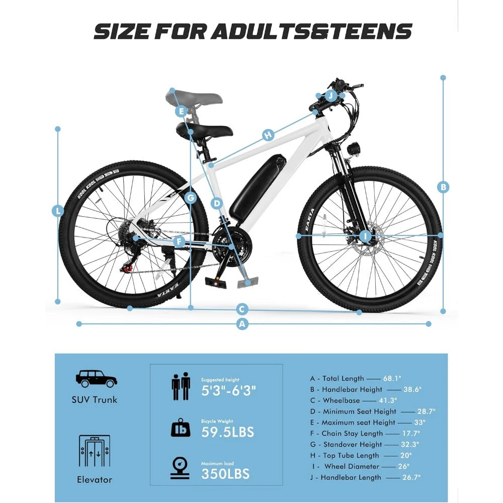 Electric Bike 21 Speed Mountain Lightweight Ebike with Peak 750W Brushless Motor 375Wh Removable Battery