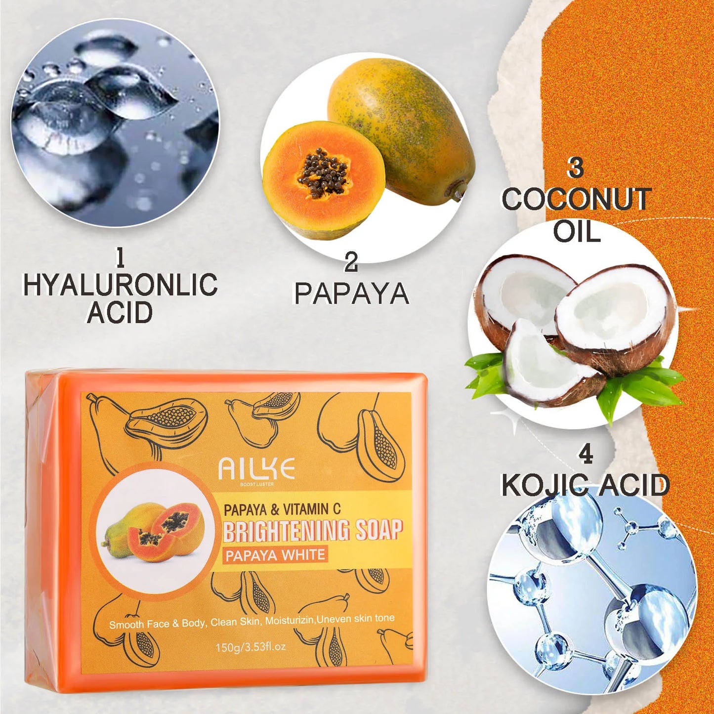 AILKE Skin Brightening Soap -Organic Papaya Soap For Radiant Skin, Clean Stains, Improves Dull Skin, For Face & Body & Hands