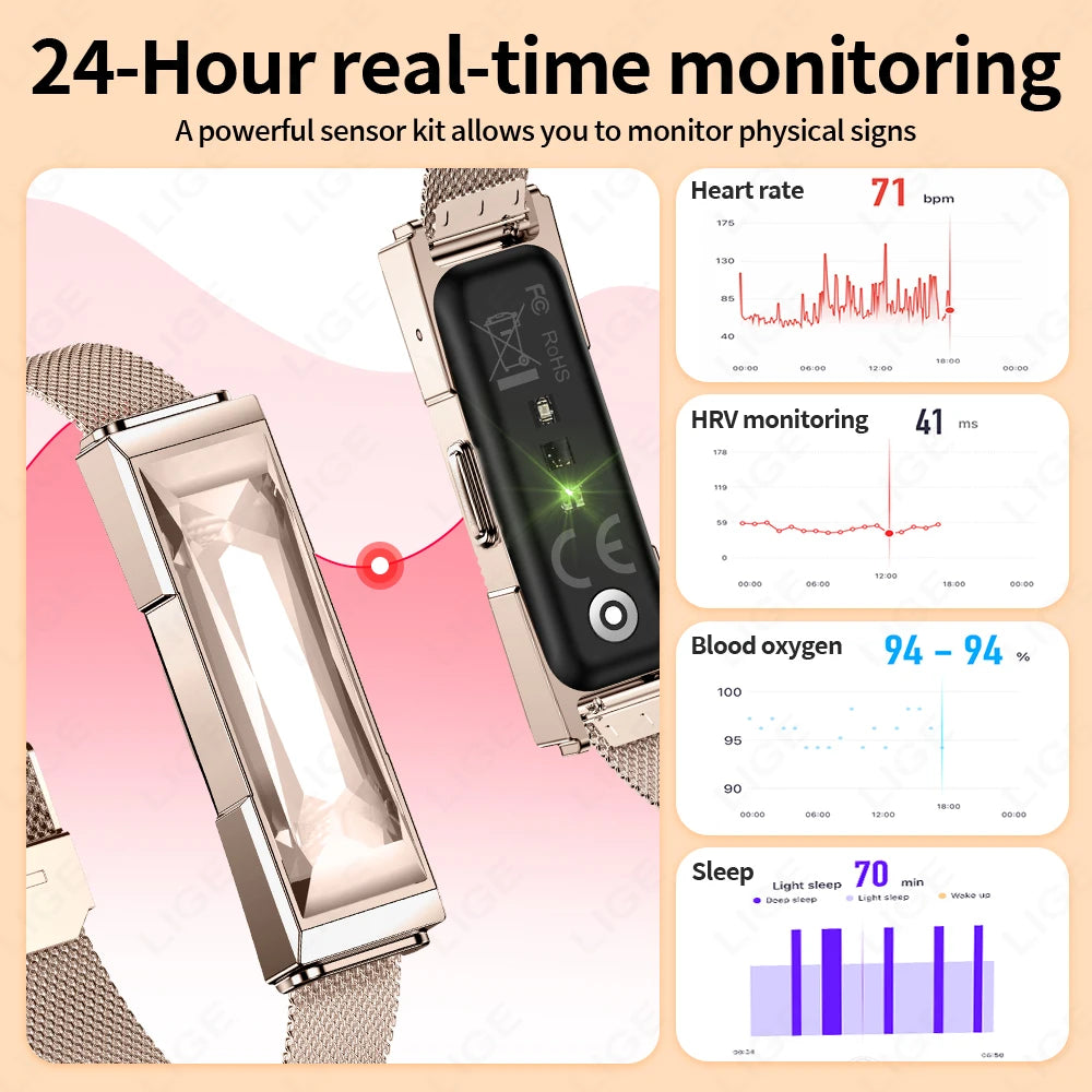 LIGE Luxury Crystal Smart Bracelet Men Women Waterproof Fitness Activity Tracker Heart Rate Sleep Monitor Pedometer Smart Watch