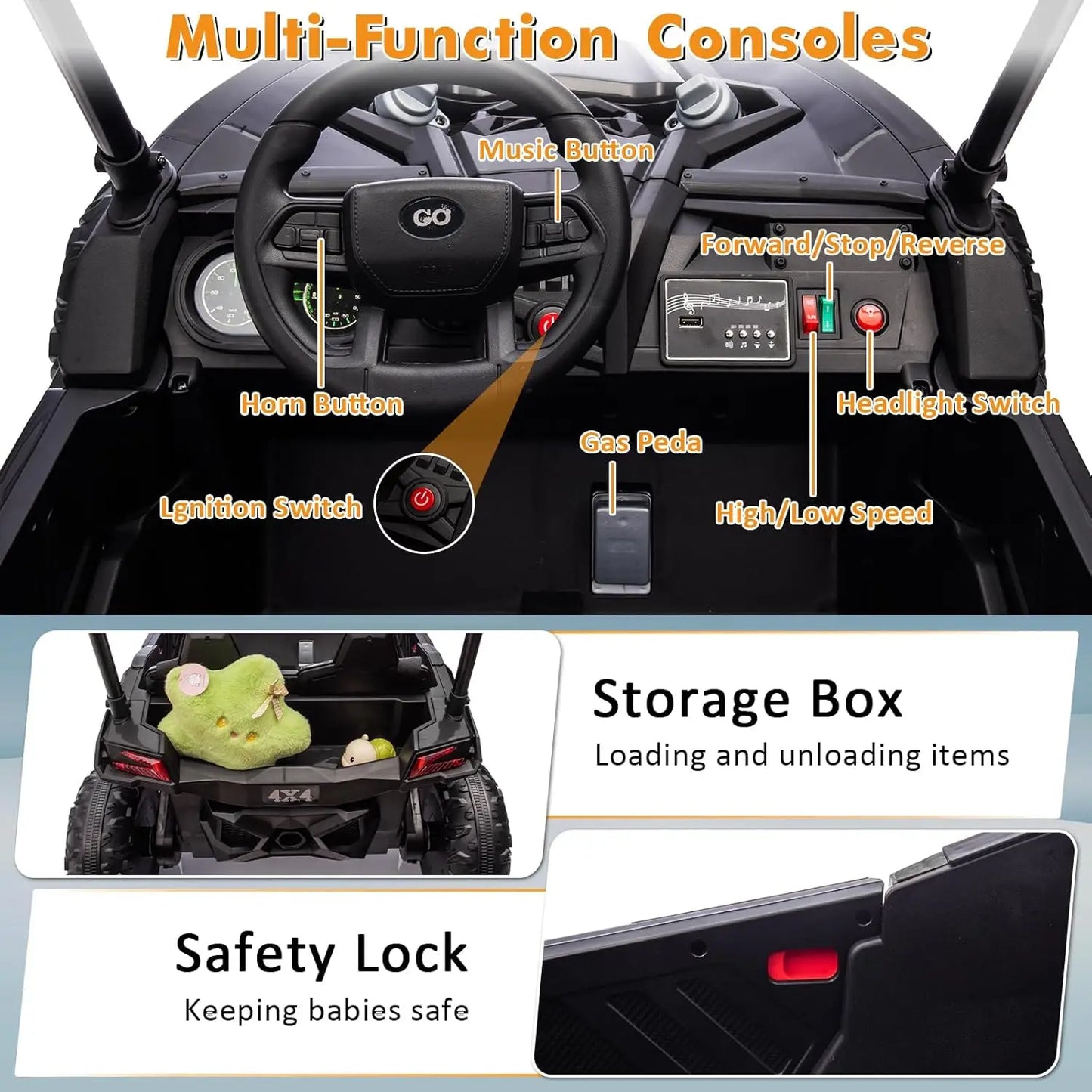 124V Ride on Cars for Kids,Kids Electric Vehicles UTV with Remote Control, Safety Belt, Horn,Music, and Lights, 3 Speeds