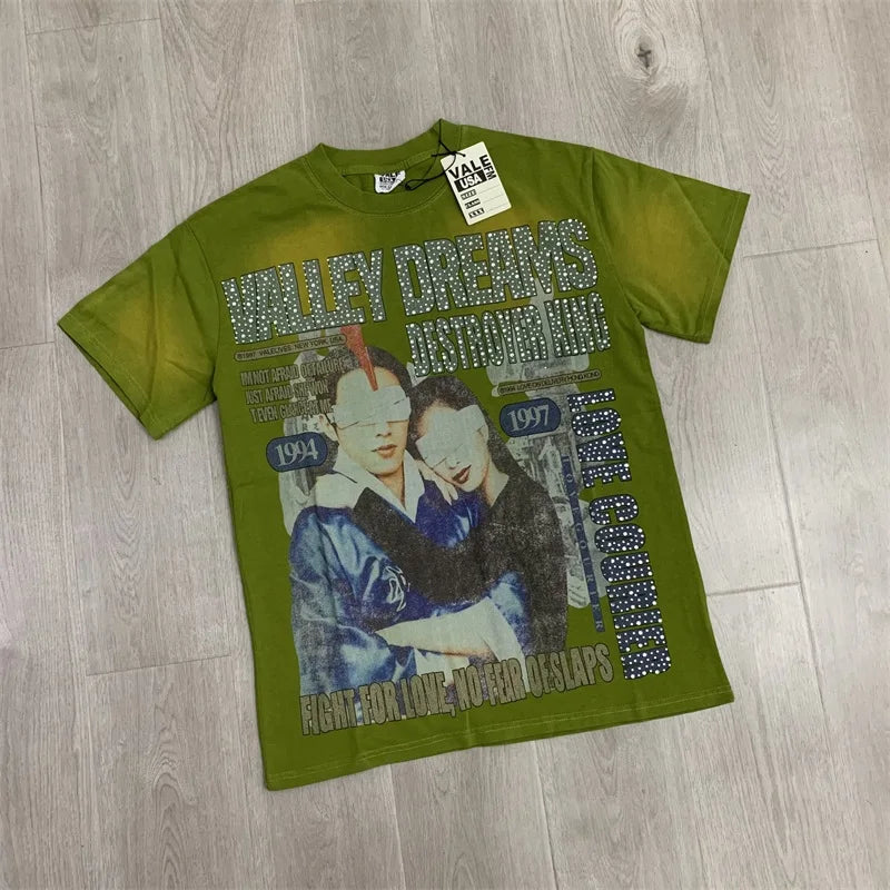 25SS Summer New VALLEY T-Shirts American Washed Pure Cotton Vale Hot Drill Letter Short Sleeve