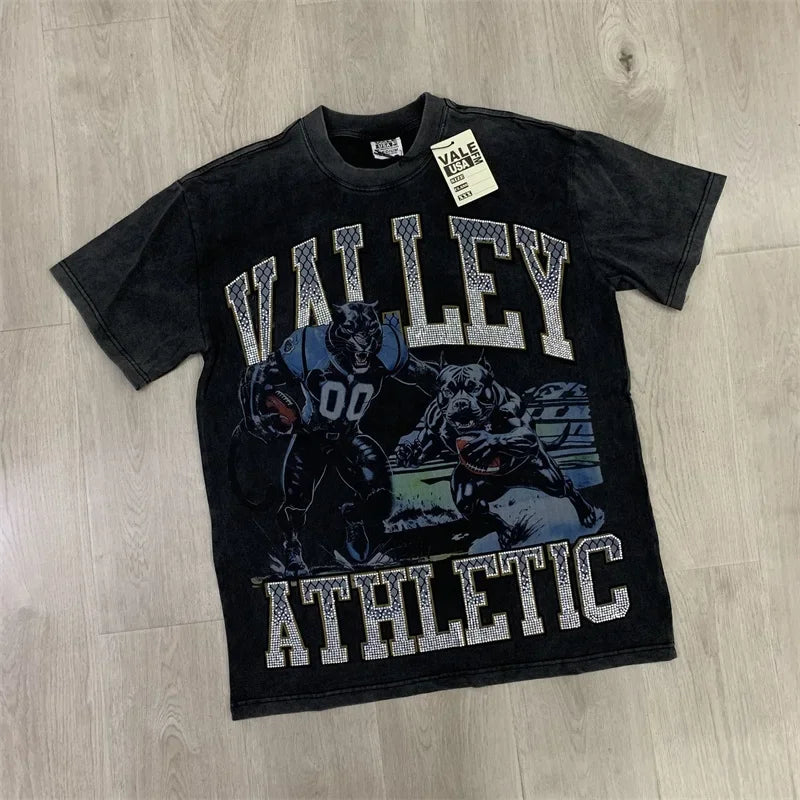 Vintage VALLEY Hot Drill Letter Short Sleeve Pure Cotton Vale Mens T-Shirts
