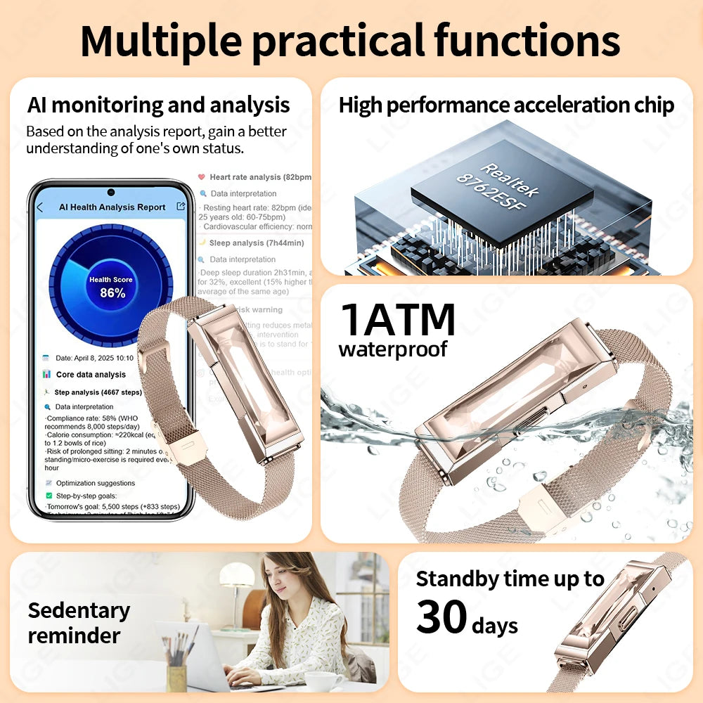LIGE Luxury Crystal Smart Bracelet Men Women Waterproof Fitness Activity Tracker Heart Rate Sleep Monitor Pedometer Smart Watch