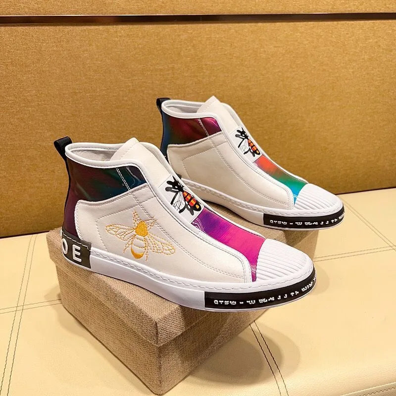 New High-top plush Men's Genuine leather embroidery Bees Sports shoes Luxury fashion Lace-up shoes sneaker Running shoes
