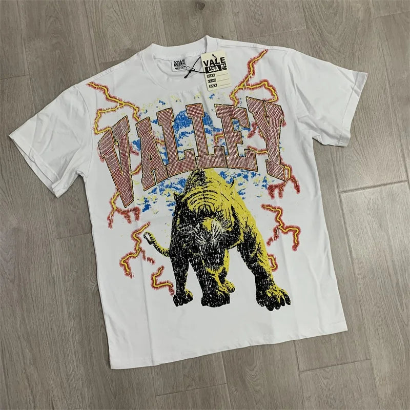 25SS Summer New VALLEY T-Shirts American Washed Pure Cotton Vale Hot Drill Letter Short Sleeve