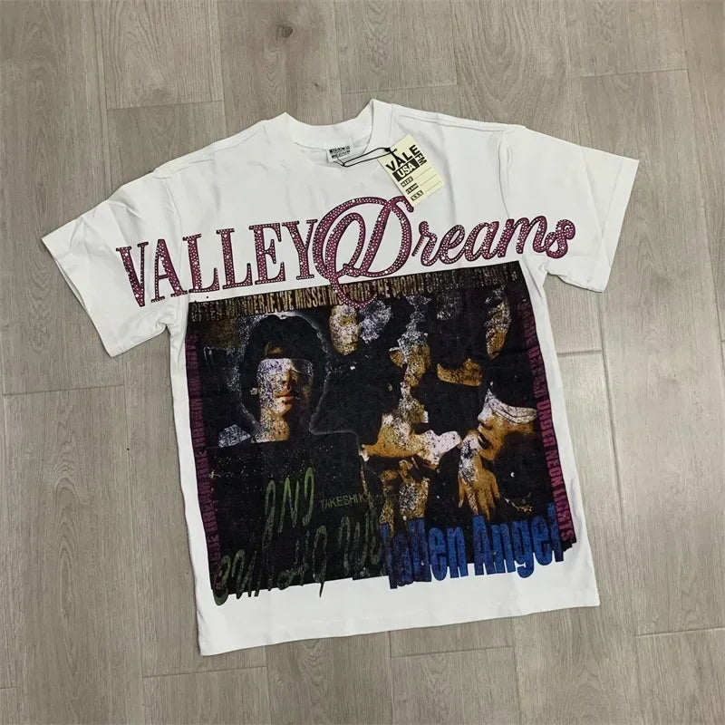 Vintage VALLEY Hot Drill Letter Short Sleeve Pure Cotton Vale Mens T-Shirts