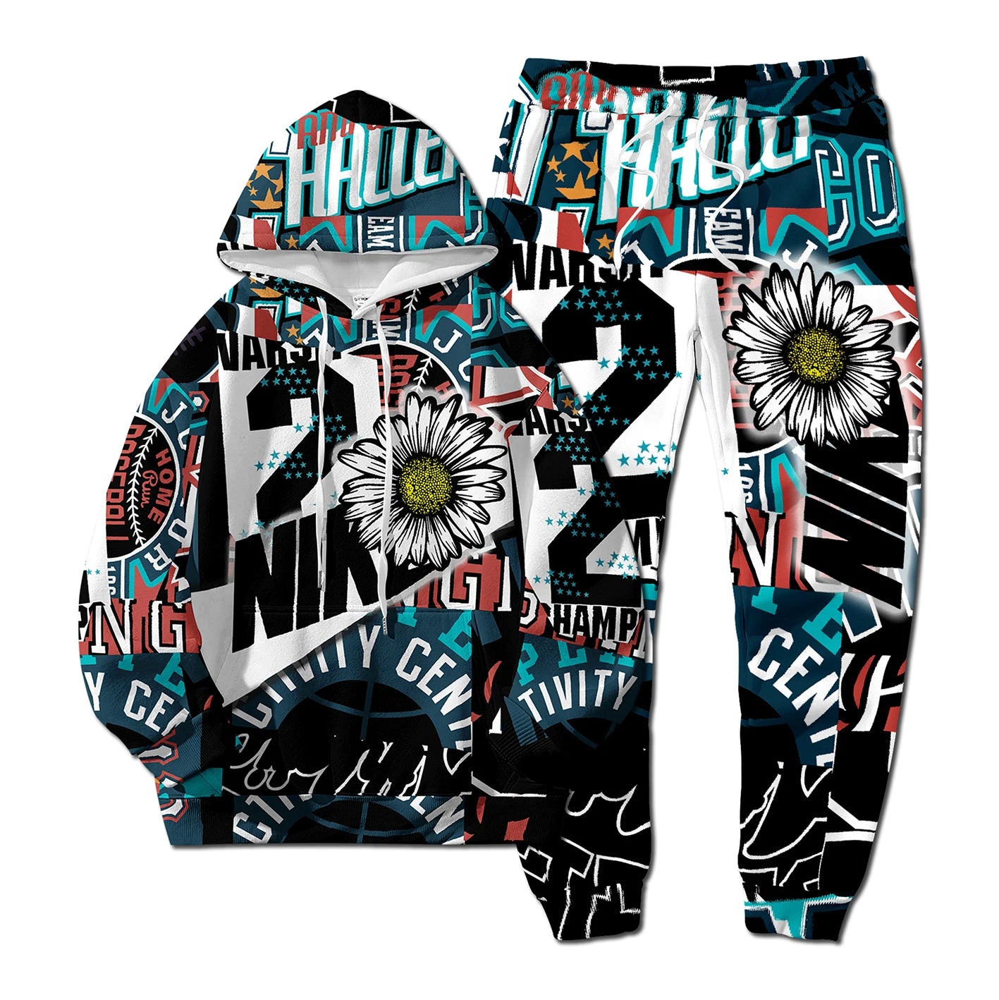 European Style New NK Letter Hip-hop 3D Digital Printing Fashion Casual Sports Youth Men and Women Hoodie Long Pants 2-Piece Set