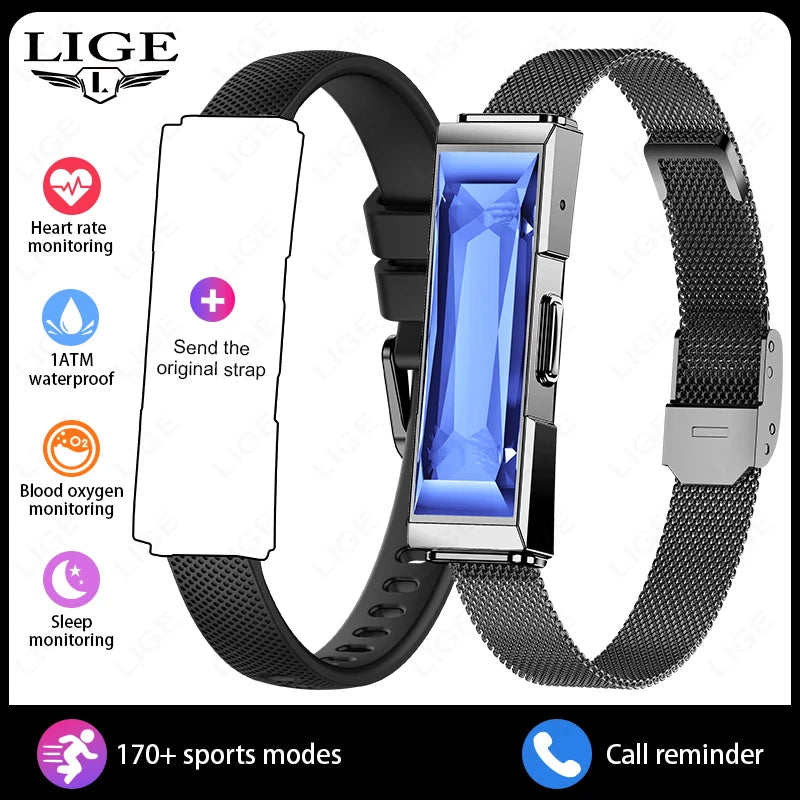 LIGE Luxury Crystal Smart Bracelet Men Women Waterproof Fitness Activity Tracker Heart Rate Sleep Monitor Pedometer Smart Watch