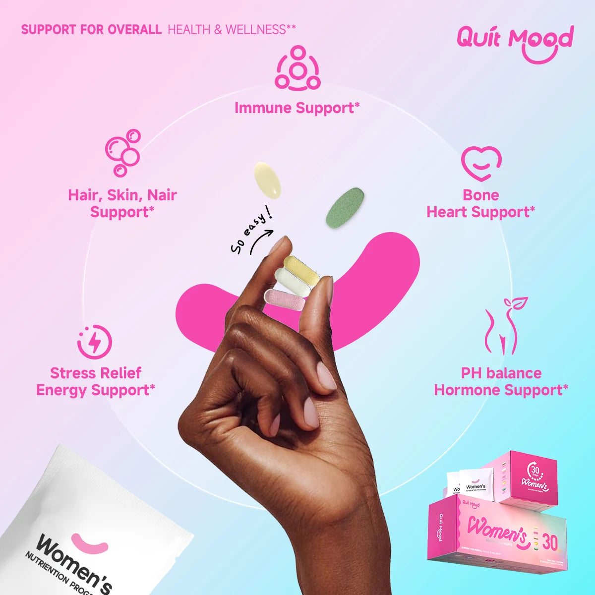 Quit mood-Women's 5-in-1 Daily Supplement | Multivitamin, Stress+Bone+Skin Support, Anti-aging | D3K2,NAD+ & Probiotics (30 Day)