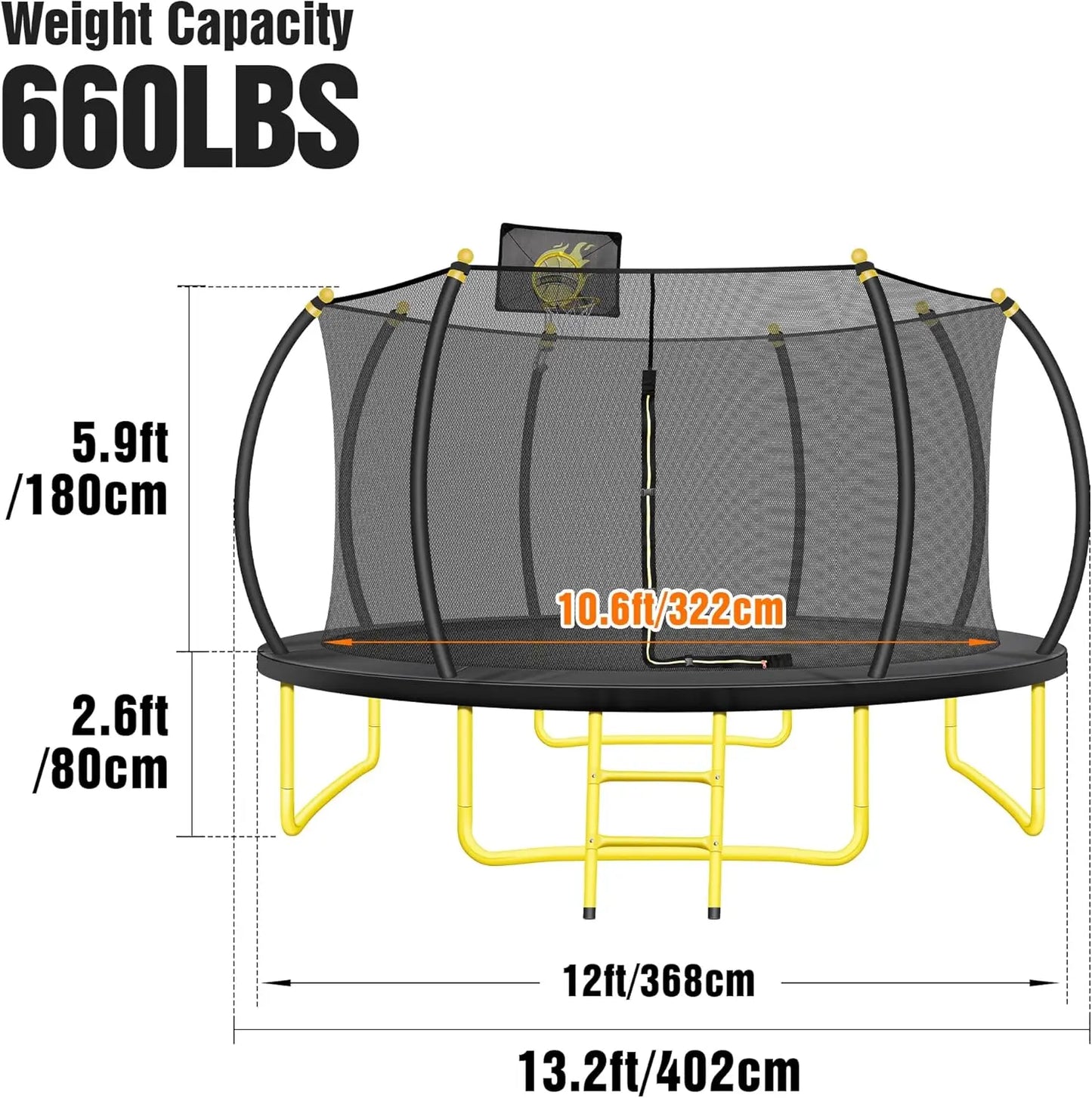 12FT Pumpkin Trampoline, Trampoline Outdoor with Basketball Hoop, Enclosure Net and Ladder, Recreational Trampoline