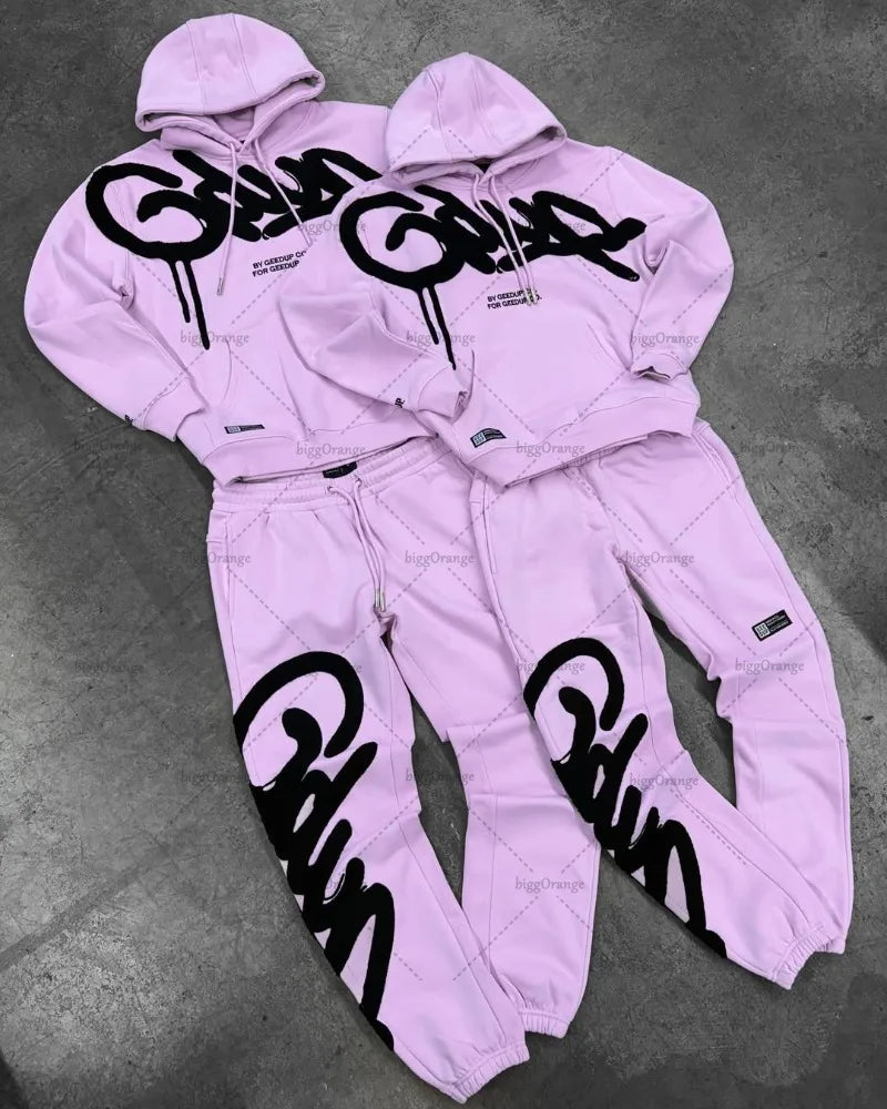 Black Purple Men Clothing Sports Set American New Letter Oversized Hoodies Street Hip Hop Retro Loose Sport Pants