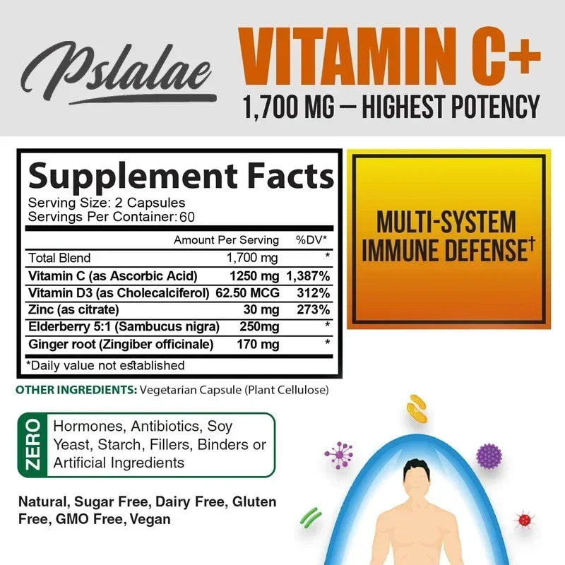 Vitamin C Capsules 1700 Mg - Supports A Healthy Immune System and Antioxidant Protection, Boosts Collagen Production Vegan