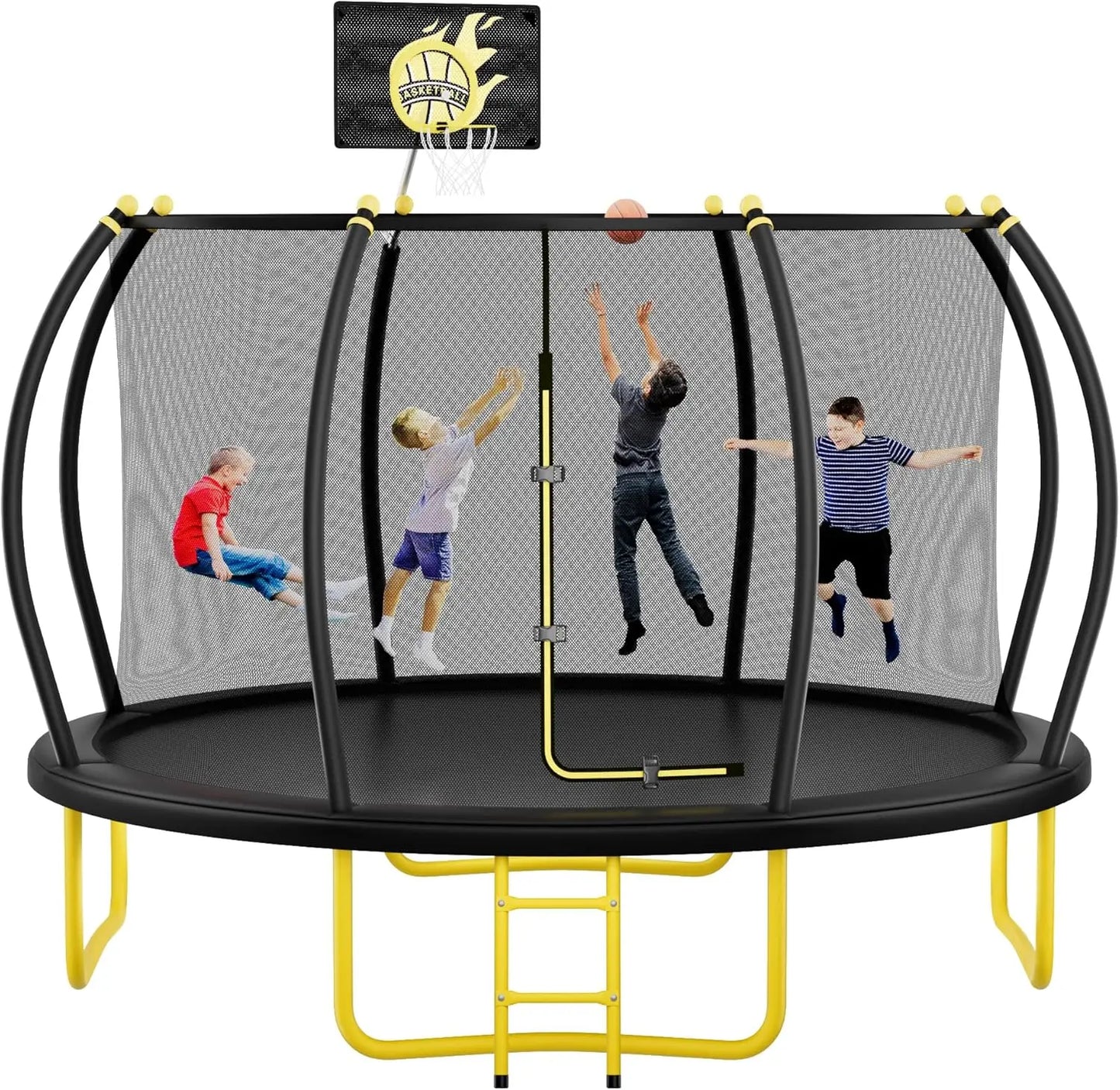 12FT Pumpkin Trampoline, Trampoline Outdoor with Basketball Hoop, Enclosure Net and Ladder, Recreational Trampoline